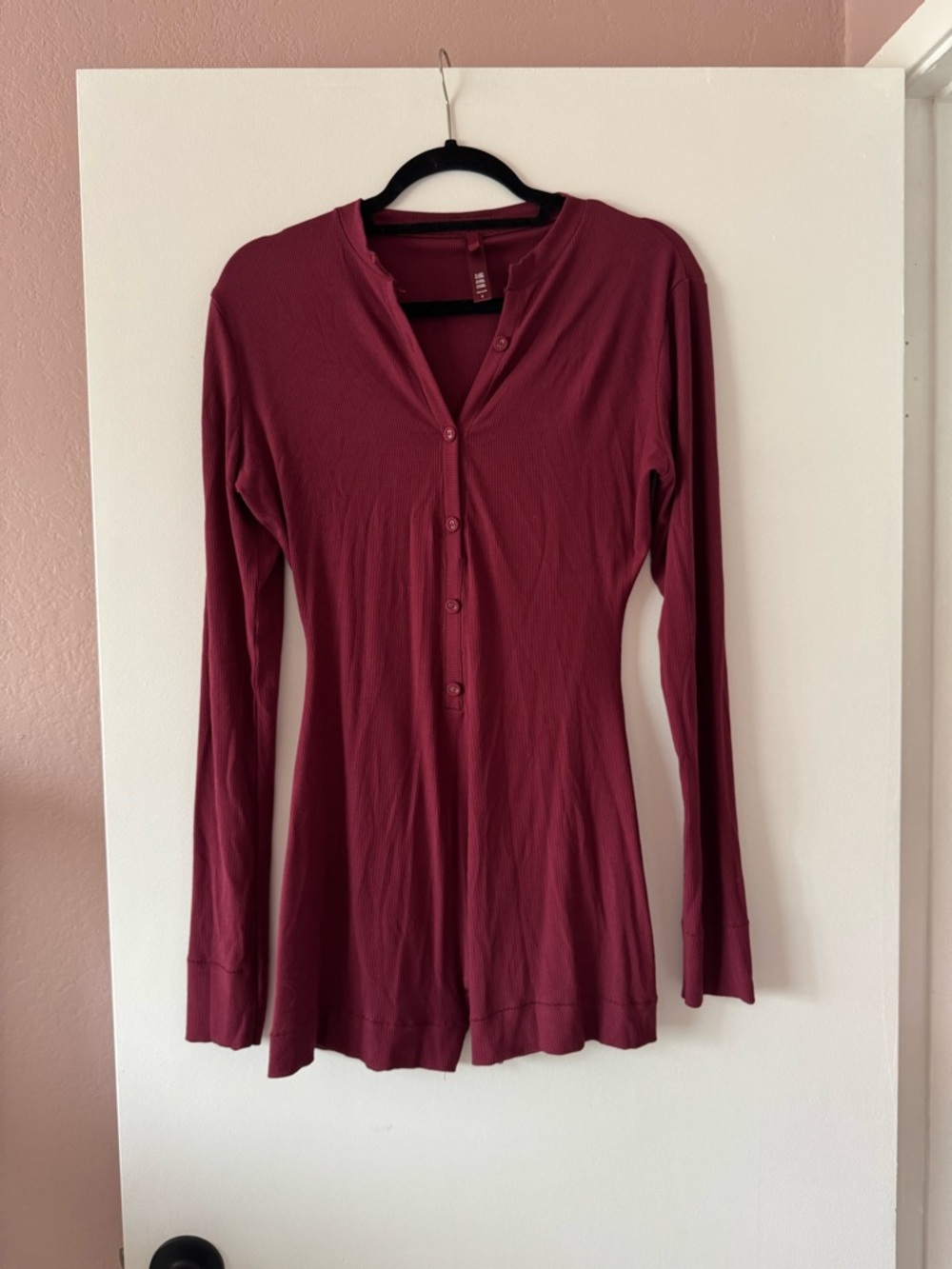 SKIMS Long Sleeve Button Henley Pajama jumpsuit in Burgundy (wine color)